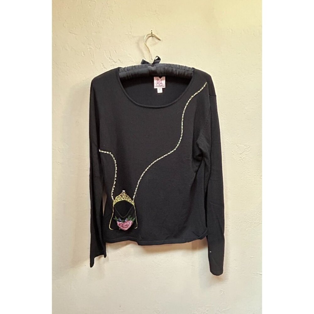 Pink Poodle Women's Sweater Long Sleeve Knit T-Shirt Beaded Flower Black Medium